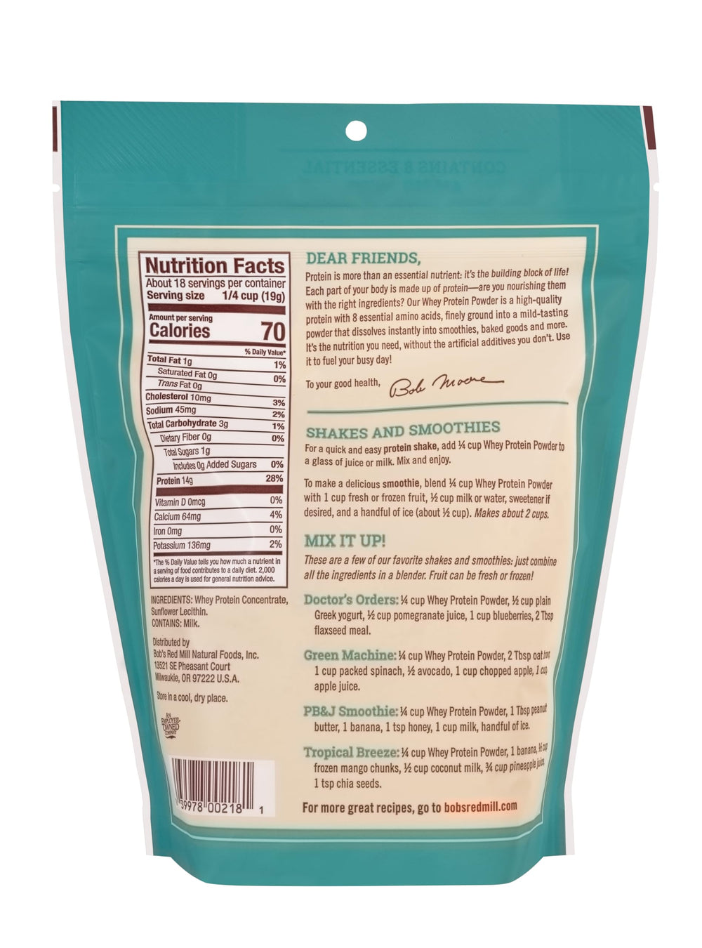Bob's Red Mill Whey Protein Concentrate dissolves in liquid for a smooth shake.
