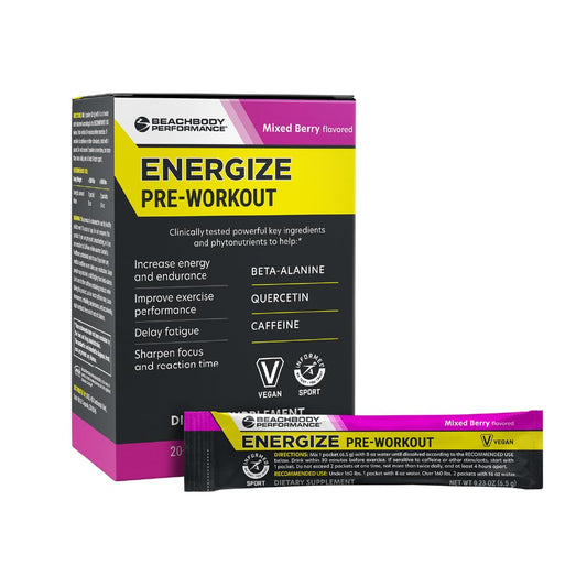 BODi Energize pre-workout powder tub front view for clean energy during workouts.