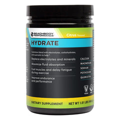 BODi Hydrate citrus tub front label highlighting electrolyte powder for athletes