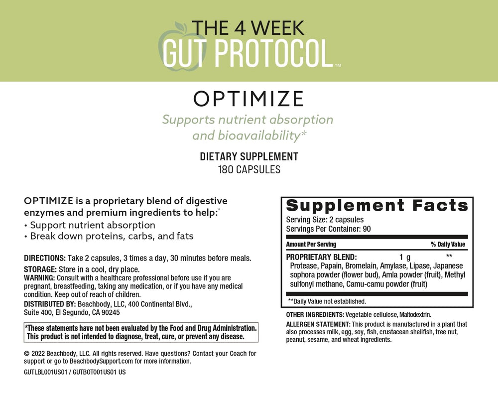 BODi Optimize bottle highlighting enzyme blend for nutrient absorption.