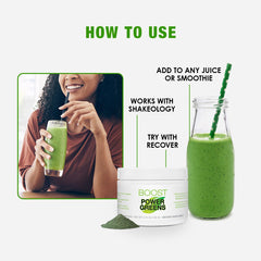 BODi Power Greens Boost glass of smoothie with vibrant green color
