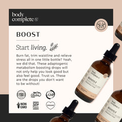 Body Complete Rx Boost Drops bottle shown for smoothie absorption