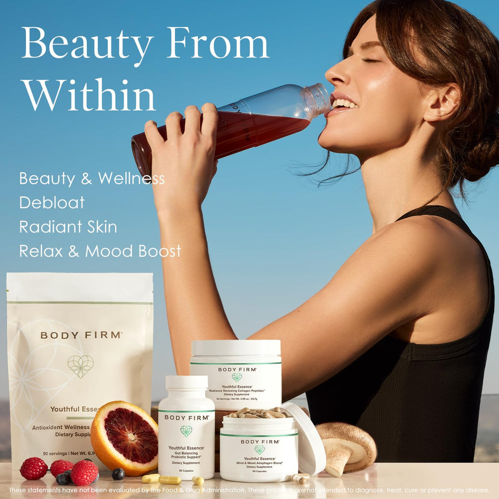Body Firm Youthful Essence vitamin-boost label, supports immune and overall wellness.
