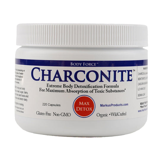 Body Force Charconite bottle label highlighting natural ingredients for digestive comfort.
