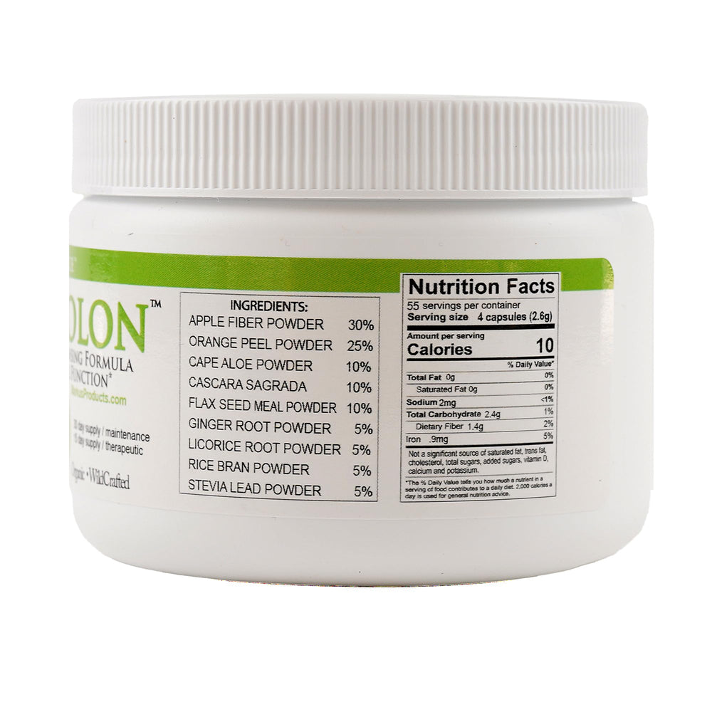 Body Force Colon Formula capsules close-up, gentle, fiber-rich detox.