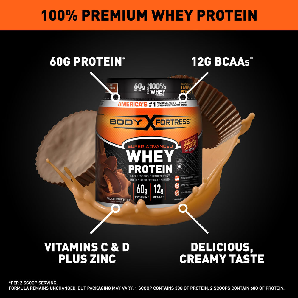 Body Fortress whey protein scoop showing 30g serving for post‑workout use.
