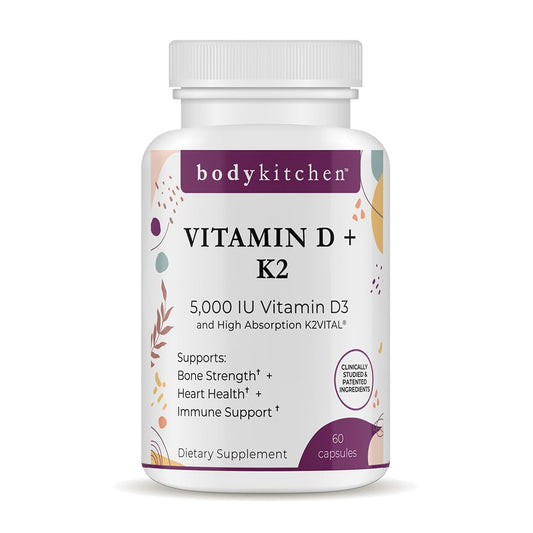 Body Kitchen vegan D3 + K2 bottle shown for daily wellness support