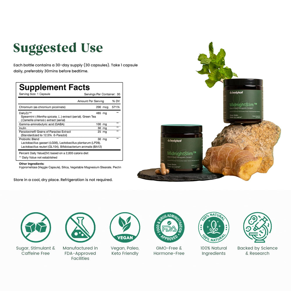 Body Leaf MidnightSlim probiotic ingredients visual hint at gut health benefits.