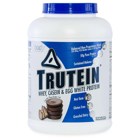 Body Nutrition Trutein high protein powder jar displays a transparent 45/45/10 blend.