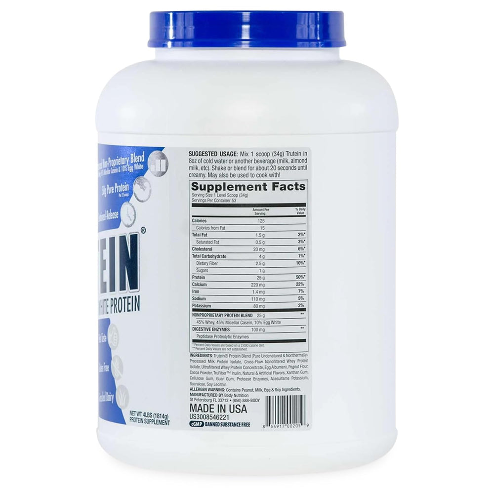 Body Nutrition Trutein prebiotic fiber and enzymes on packaging support digestion.