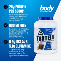 Body Nutrition Trutein shake in glass shows creamy chocolate peanut butter texture.