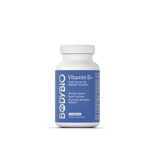 BodyBio B Plus bottle label highlights nine B vitamins for potential energy support