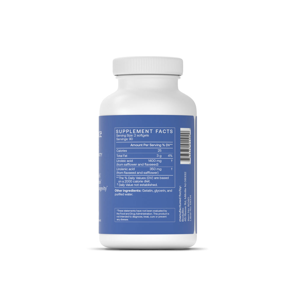 BodyBio Balance Oil label closeup shows organic flaxseed and safflower origins.