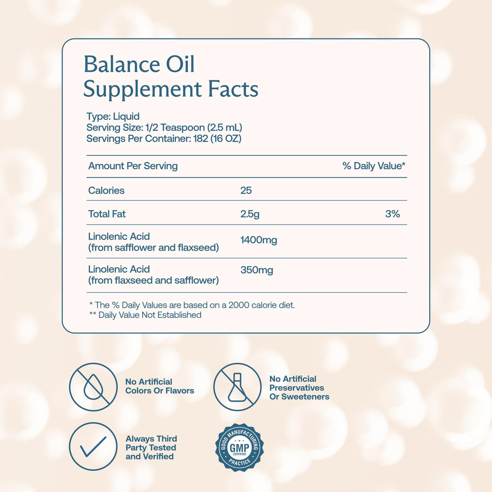 BodyBio Balance Oil safflower bottle highlights the omega-6 component in the blend.