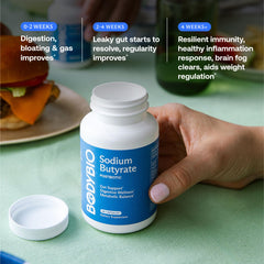 BodyBio Butyrate shown with a glass of water for simple use.