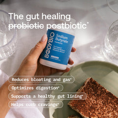 BodyBio Butyrate packaging box highlighting clean label and vegan formula.