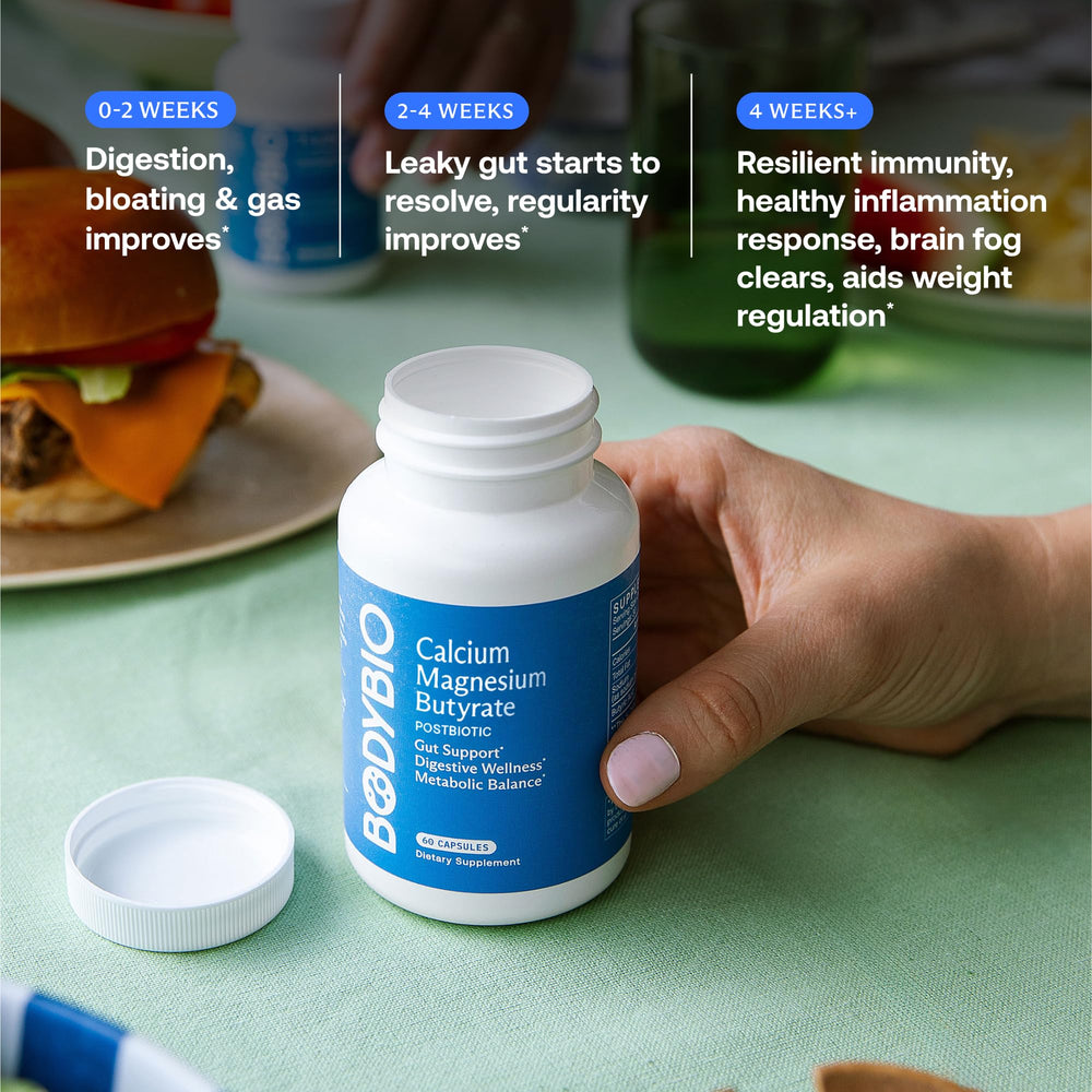 BodyBio Butyrate vegan capsules highlighting allergen-free formula