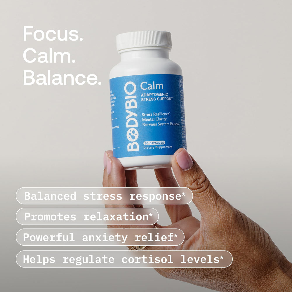 BodyBio Calm ingredients backdrop featuring Rhodiola and Phosphatidylserine