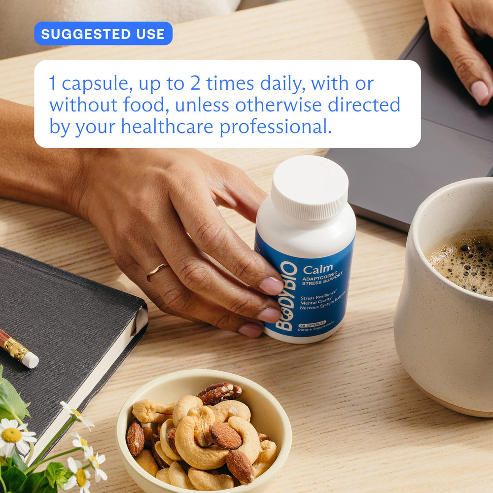 BodyBio Calm label and nutrition facts emphasizing quality and third-party testing