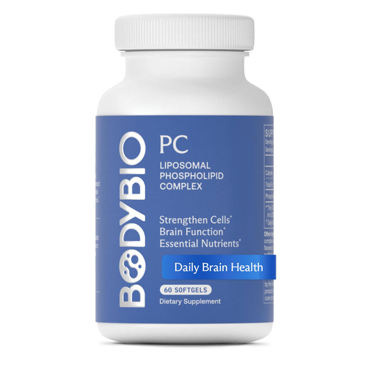 BodyBio PC bottle closeup with phosphatidylcholine capsules for daily cognitive support