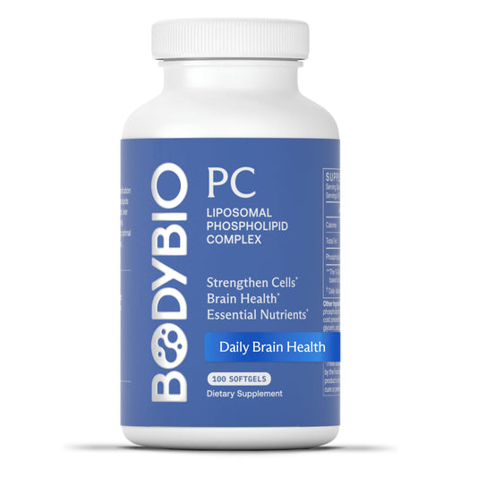 BodyBio PC bottle with softgel capsules on table for daily brain support.