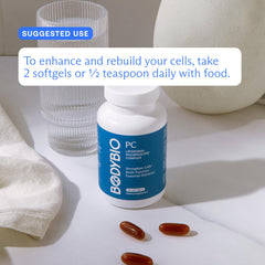 BodyBio PC capsules beside a glass of water illustrating easy daily intake.