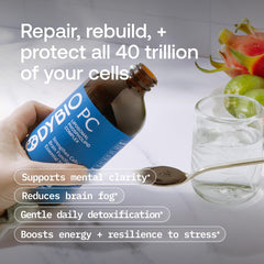 BodyBio PC bottle conveys gentle detox through phospholipid science.