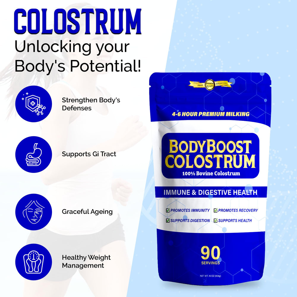 BodyBoost colostrum powder with scoop for smoothies and shakes.