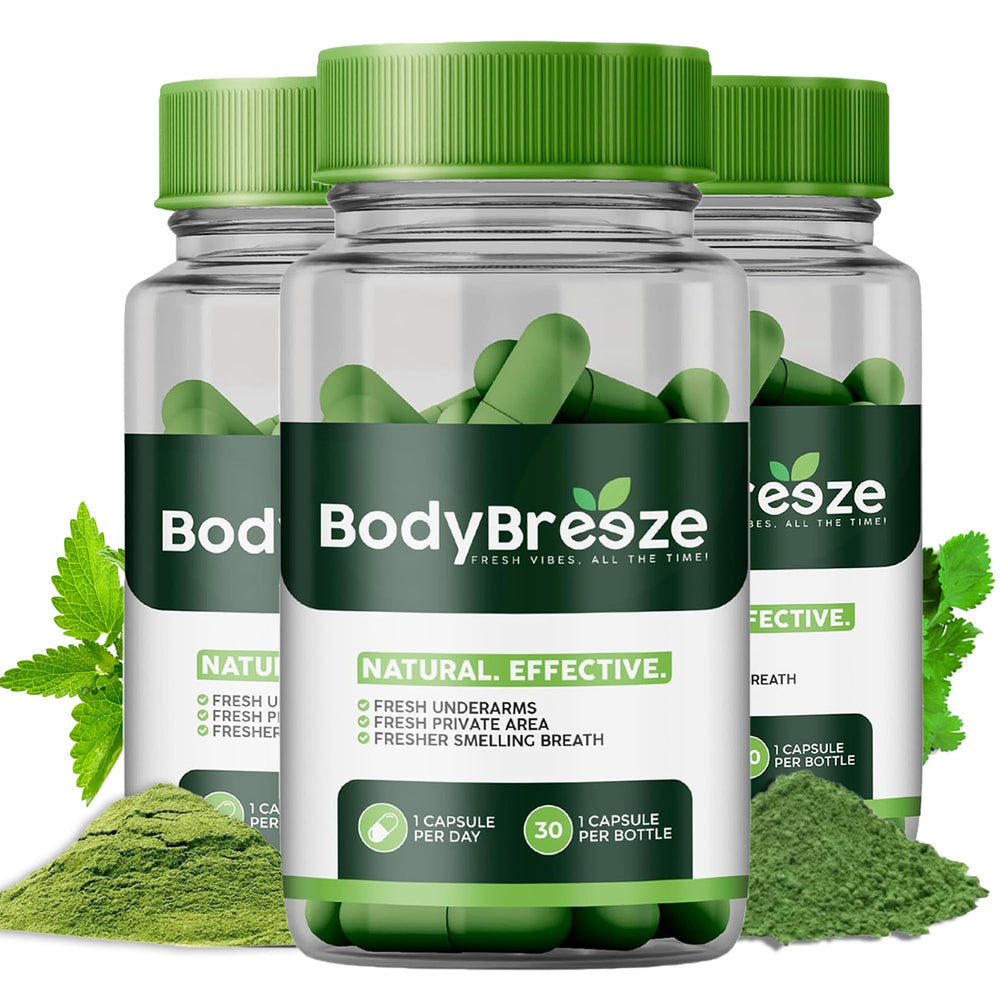 BodyBreeze internal deodorant bottle with chlorophyll capsules for daily freshness.