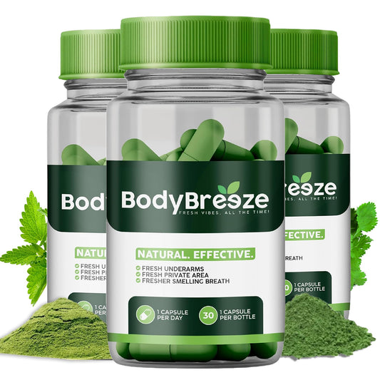 BodyBreeze internal deodorant bottle with chlorophyll capsules for daily freshness.
