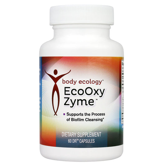 Body Ecology EcoOxyZyme bottle pour shows convenient daily capsule delivery for gut balance.