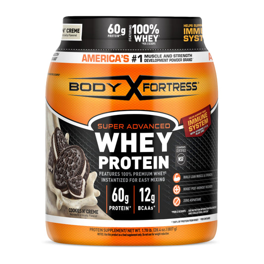 Body Fortress whey protein Cookies N’ Creme tub for post-workout fueling
