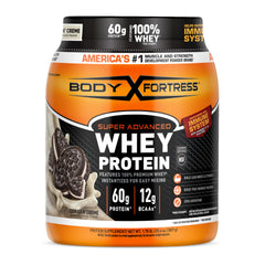 Body Fortress whey protein Cookies N’ Creme tub for post-workout fueling