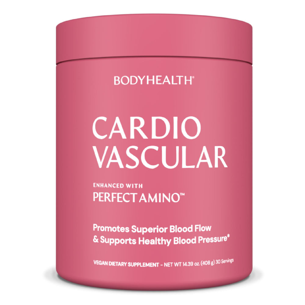 BodyHealth Cardio Vascular bottle label highlighting PerfectAmino blend for heart support.