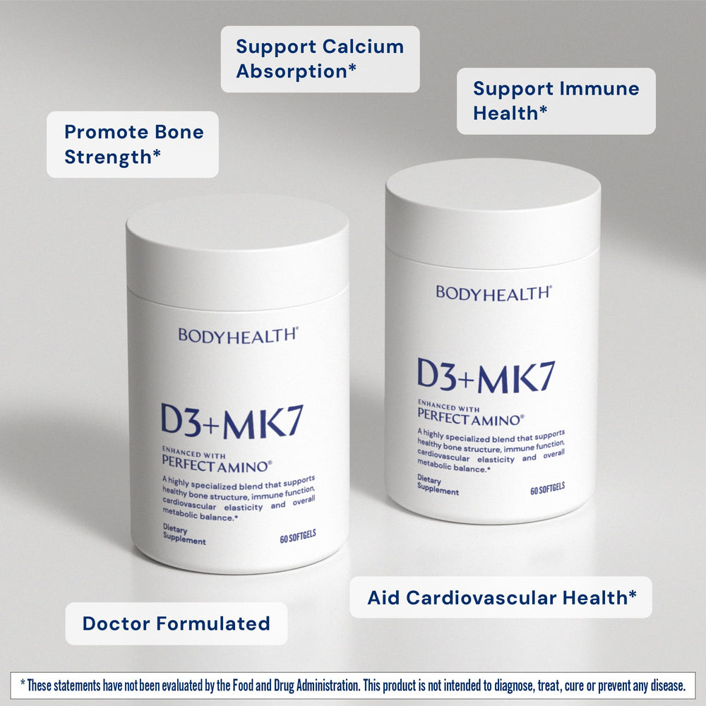 Close-up of BodyHealth D3 + MK7 softgels for easy swallowing