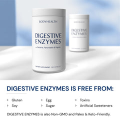BodyHealth Digestive Enzymes bottle shown with meal setup for convenient use