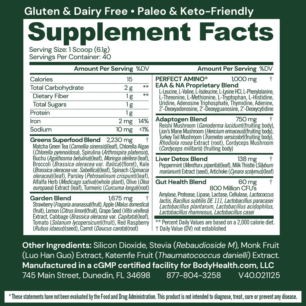 BodyHealth Greens Enhanced daily scoop highlights easy daily intake for balanced nutrition.