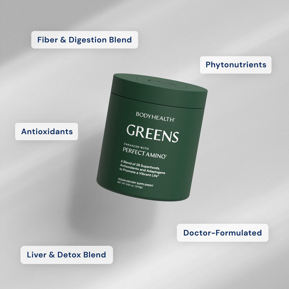 BodyHealth Greens Enhanced smoothie glass presents a tasty green apple drink rich in nutrients.