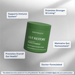 BodyHealth Gut Restore label highlights the unflavored formula and clean ingredients