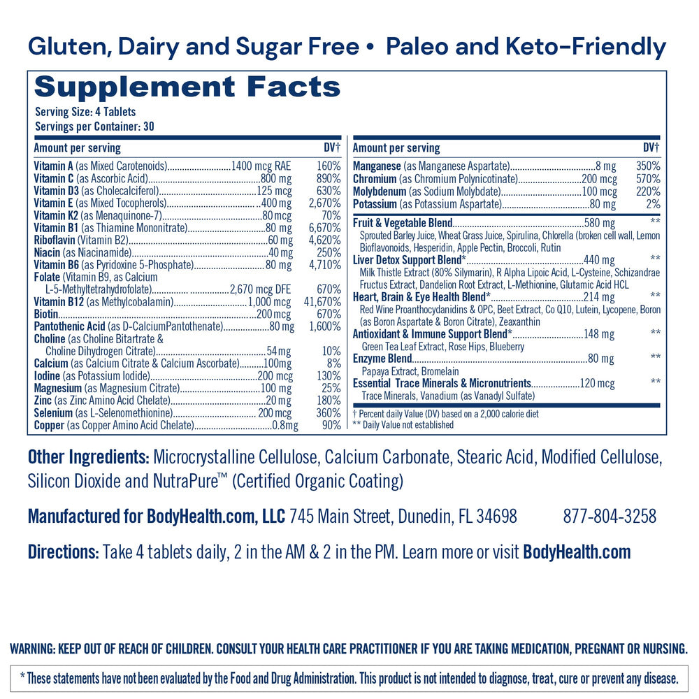 BodyHealth Multi Complete label close-up highlighting organic concentrates.