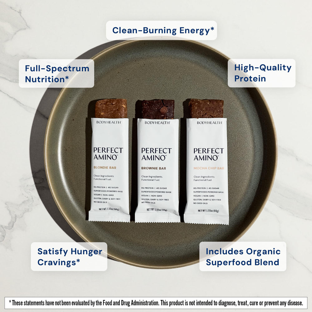 BodyHealth PerfectAmino Bar ingredients close-up emphasizing plant protein and superfoods.