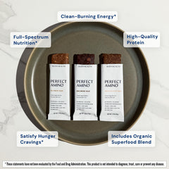 BodyHealth PerfectAmino Bar ingredients close-up emphasizing plant protein and superfoods.