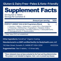 BodyHealth PerfectAmino bottle back label detailing amino acids
