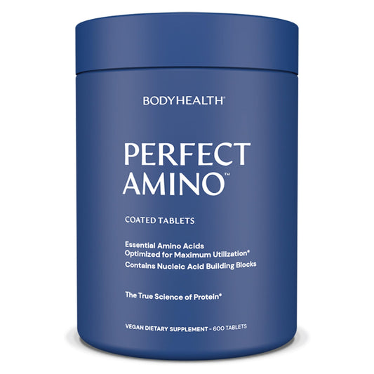 BodyHealth PerfectAmino bottle front showing vegan amino acids for recovery