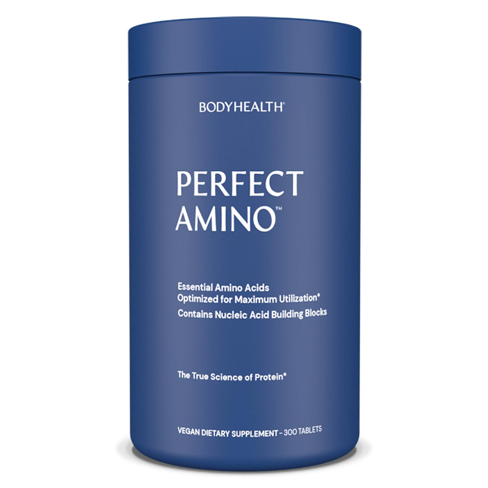 BodyHealth PerfectAmino bottle front view - vegan amino acids for recovery support.