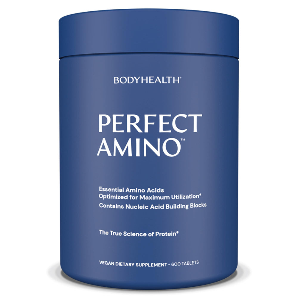 BodyHealth PerfectAmino bottle pour with capsules ideal for daily muscle support.