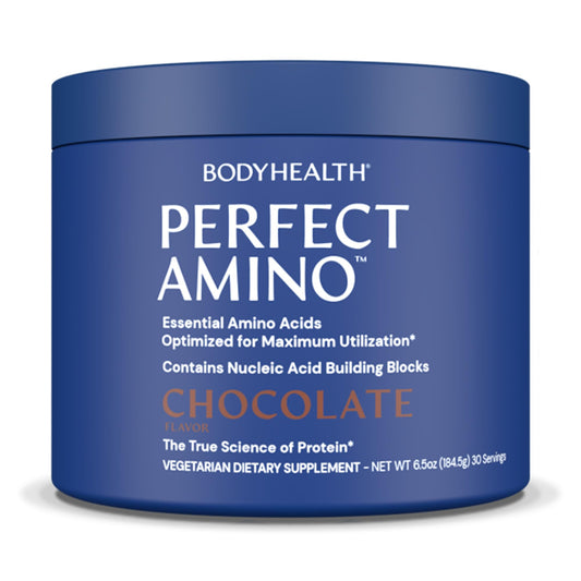 BodyHealth PerfectAmino chocolate tub with scoop supports recovery and lean muscle maintenance