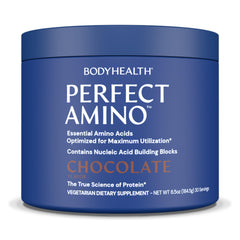 BodyHealth PerfectAmino chocolate tub with scoop supports recovery and lean muscle maintenance