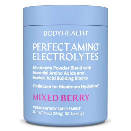 BodyHealth PerfectAmino Electrolytes Mixed Berry tub for reliable post-workout hydration