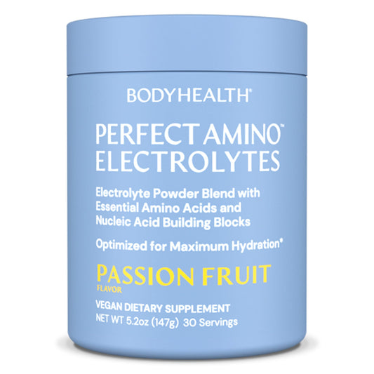 BodyHealth PerfectAmino Electrolytes Powder in passion fruit for refreshed hydration.